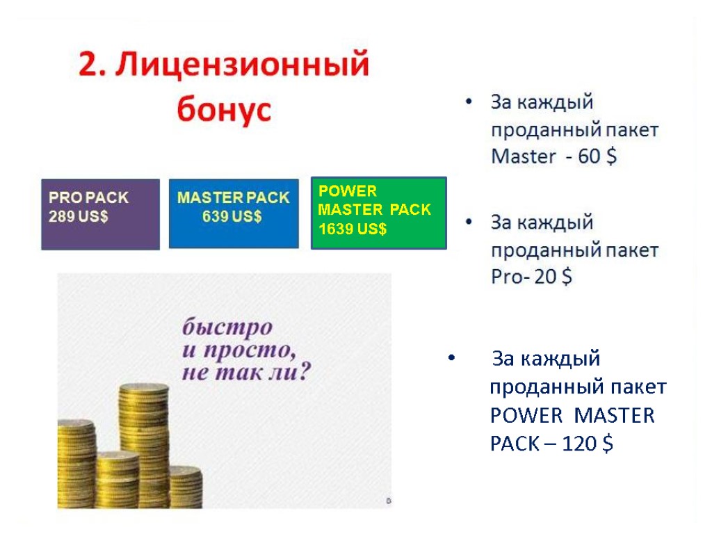 P POWER MASTER PACK 1639 US$ За каждый проданный пакет POWER MASTER PACK –